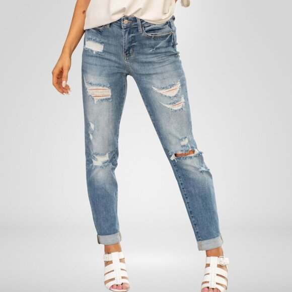 Judy Blue Denim - Judy Blue High Rise Distressed Boyfriend Cuffed Jeans Size 0/24